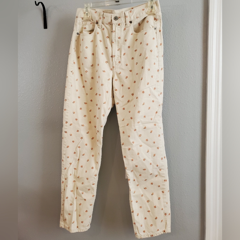 American Eagle Outfitters Cream Jeans with Small Orange Floral Print